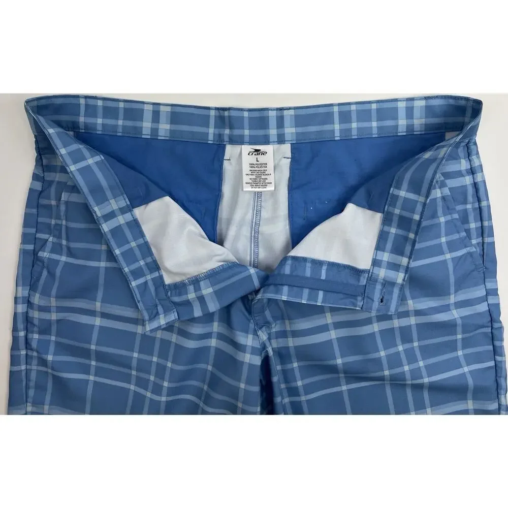 Crane Golf Shorts Mens Large Blue White Plaid Flat Front Quick Dry